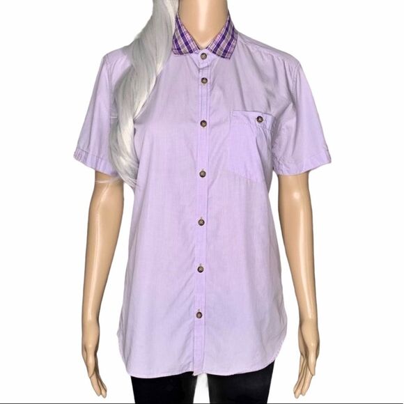 Ted Baker London Short Sleeve Lilac Gingham Button Down Size 6 - Picture 1 of 6